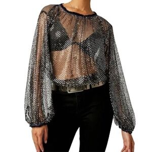 FREE PEOPLE Sparks Fly Black Sequin Mesh Sheer Long Sleeve Top Size S